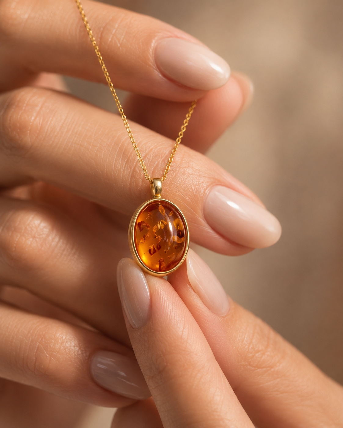 14 Ayar Altın Kehribar Taşlı Kolye – 2.35 Gr Oval Doğal Taş Kolye
