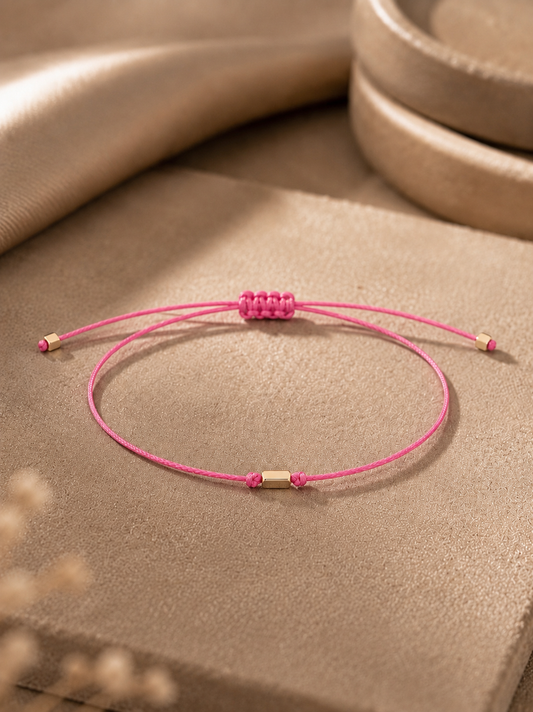14 Ayar Altın Minimalist Gold Spacer Pembe İpli Bileklik
