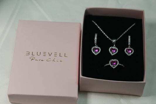 925 Ayar Gümüş Pembe Kalpli Kolye&Yüzük&Küpe Set