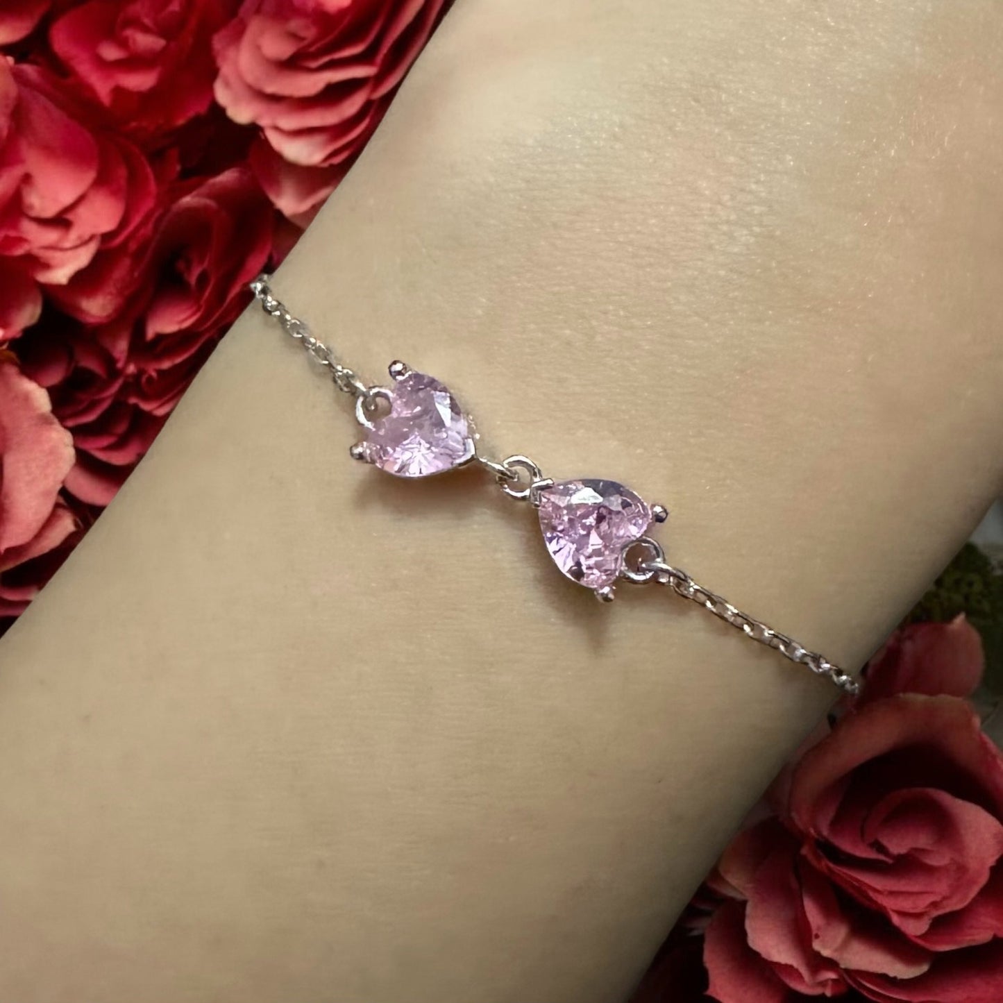 925 Ayar Gümüş 2'li Pembe Zirkon Taşlı Kalp Bileklik