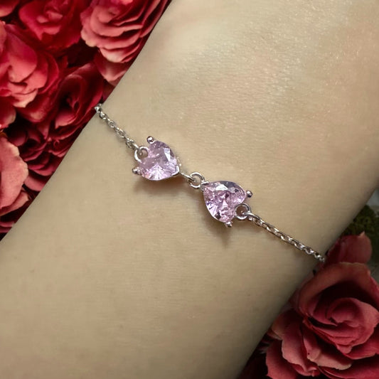 925 Ayar Gümüş 2'li Pembe Zirkon Taşlı Kalp Bileklik