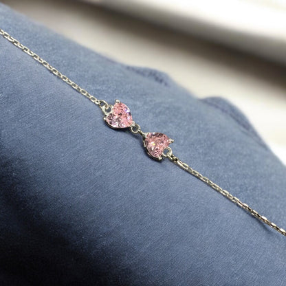 925 Ayar Gümüş 2'li Pembe Zirkon Taşlı Kalp Bileklik