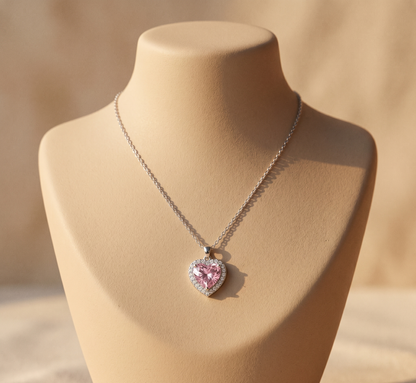 Pembe Taşlı Işıltılı Kalp Gümüş Kolye